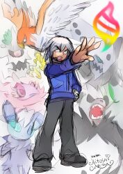 Rule 34 | 1boy, aggron, ariga hitoshi, black eyes, black footwear, black pants, bracelet, commentary request, creatures (company), game freak, gen 3 pokemon, gen 6 pokemon, glint, grey hair, hair between eyes, hand on own hip, highres, jacket, jewelry, long sleeves, male focus, mega aggron, mega pokemon, meowstic, meowstic (male), nintendo, open mouth, pangoro, pants, paul (pokemon), pokemon, pokemon (anime), pokemon (creature), pokemon dppt (anime), shoes, short hair, signature, sketch, spritzee, talonflame, tongue, trevenant