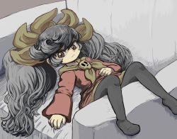 Rule 34 | 1girl, armchair, ascot, ashley (warioware), black hair, chair, dress, grey background, hair ornament, long hair, looking at viewer, lying, necklace, nintendo, no shoes, pantyhose, red eyes, skull necklace, solo, takamame, warioware