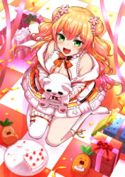 Rule 34 | 1girl, absurdres, asymmetrical legwear, blonde hair, breasts, cake, carrot, checkered floor, cleavage, cleavage cutout, clothing cutout, confetti, double bun, fang, food, fork, from above, gift, green eyes, hair bun, highres, hololive, medium breasts, momosuzu nene, no shoes, off shoulder, open mouth, plate, sitting, smile, solo, strawberry shortcake, stuffed animal, stuffed toy, teddy bear, turnip, two side up, uneven legwear, virtual youtuber, wariza, yuu201023