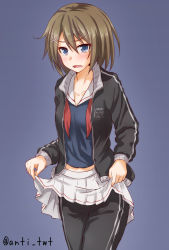 Rule 34 | 1girl, anti (untea9), black jacket, black pants, blue eyes, blue shirt, blush, brown hair, clothes lift, clothes writing, collarbone, cowboy shot, embarrassed, highres, jacket, kantai collection, lifting own clothes, long hair, long sleeves, looking at viewer, maya (kancolle), neckerchief, open clothes, open jacket, open mouth, pants, pants under skirt, pleated skirt, red neckerchief, shirt, short hair, skirt, skirt lift, solo, standing, track jacket, track pants, undone neckerchief, v-shaped eyebrows, white skirt