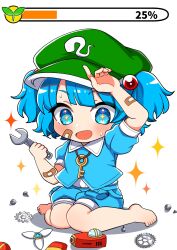 Rule 34 | + +, 1girl, :d, arm up, bandaid, bandaid on arm, bandaid on face, barefoot, blue hair, blush, chibi, gears, glint, green hat, hair bobbles, hair ornament, hat, highres, holding, holding wrench, ishiki nuru, kawashiro nitori, key, knees together feet apart, looking down, open mouth, pocket, repairing, screw, short sleeves, sitting, smile, solo, sparkle, toes, touhou, two side up, wariza, wrench