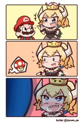 Rule 34 | +++, 1boy, 1girl, 3koma, :d, blonde hair, blue eyes, blush, blush stickers, bowsette, bracelet, chibi, chroneco, collar, comic, commentary request, crown, earrings, expressive clothes, facial hair, hat, heart, heart-shaped pupils, heavy breathing, horns, jewelry, mario, mario (series), meme, mustache, new super mario bros. u deluxe, nintendo, open mouth, ponytail, sharp teeth, smile, spiked bracelet, spiked collar, spikes, super crown, super mushroom, sweat, nervous sweating, symbol-shaped pupils, teeth