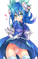 Rule 34 | 1girl, aromage rosemary, beads, blue eyes, blue hair, blush, bow, bow panties, breasts, cameltoe, contrapposto, cowboy shot, dress, duel monster, flipped hair, gloves, hair between eyes, hair ornament, hairpods, heart, korican, lace, lace-trimmed legwear, lace-trimmed panties, lace trim, light smile, long hair, looking at viewer, matching hair/eyes, panties, pink panties, ribbon trim, short dress, side ponytail, sidelocks, simple background, smile, solo, standing, thighhighs, underwear, upskirt, white background, white gloves, white thighhighs, yu-gi-oh!