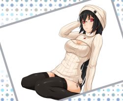 Rule 34 | 1girl, black hair, black panties, black thighhighs, blush, breasts, cleavage, cleavage cutout, clothing cutout, glasses, hat, highres, lace, lace-trimmed panties, lace trim, large breasts, long hair, looking at viewer, meme attire, midnight (banyex), open-chest sweater, original, panties, red eyes, ribbed sweater, rimless eyewear, sitting, solo, sweater, thighhighs, turtleneck, underwear, wariza, zettai ryouiki