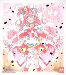 Rule 34 | 1girl, apron, brooch, choker, cone hair bun, cure precious, delicious party precure, earrings, gloves, hair bun, heart, heart brooch, highres, huge bow, jewelry, kome-kome (precure), long hair, magical girl, nagomi yui, official art, petals, pink choker, pink hair, precure, purple eyes, solo, third-party source, two side up, very long hair, white gloves
