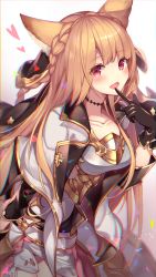 Rule 34 | 1girl, :d, animal ears, armor, black choker, black gloves, blush, braid, breastplate, breasts, brown hair, capelet, choker, chromatic aberration, collarbone, commentary request, cowboy shot, erune, finger to mouth, gloves, granblue fantasy, hand up, head tilt, heart, highres, homaderi, leaning forward, long hair, long sleeves, looking at viewer, medium breasts, open mouth, red eyes, skirt, smile, solo, standing, white capelet, white skirt, wing collar, yuisis (granblue fantasy)