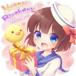Rule 34 | 10s, 1girl, 2012, animal, bird, blue eyes, bow, box, brown hair, chick, dixie cup hat, fang, gift, gift box, hair bow, happy birthday, hat, heart, holding, holding gift, looking at viewer, military hat, open mouth, original, pink background, red ribbon, ribbon, sailor hat, school uniform, serafuku, short hair, smile, solo, star-shaped pupils, star (symbol), symbol-shaped pupils, waruiga, yellow ribbon
