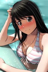Rule 34 | 1girl, absurdres, bare shoulders, bikini, black hair, blurry, blurry background, blush, breasts, brown eyes, bursting breasts, closed mouth, commentary request, depth of field, eyebrows hidden by hair, hand on hand, highres, large breasts, long hair, looking at viewer, matsunaga kouyou, original, pool, poolside, smile, solo, straight hair, striped bikini, striped clothes, swimsuit, water, white bikini