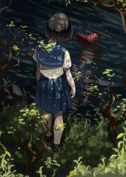 Rule 34 | 1girl, boot, female focus, from behind, highres, nature, original, outdoors, school uniform, short hair, skirt, solo, tensen (dotted line), water
