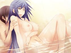 Rule 34 | 1boy, 1girl, blue hair, breasts, game cg, itagaki tatsuko, long hair, maji de watashi ni koi shinasai!, mixed-sex bathing, naoe yamato, nude, shared bathing, water
