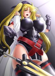 Rule 34 | 1girl, absurdres, arm belt, bardiche (nanoha), bardiche (riot blade) (nanoha), black leotard, blonde hair, blush, breasts, energy sword, fate testarossa, fate testarossa (true sonic form), gauntlets, hair ribbon, highres, huge breasts, imminent rape, large breasts, leotard, long hair, lyrical nanoha, magical girl, mahou shoujo lyrical nanoha strikers, open mouth, pelvic curtain, red eyes, restrained, ribbon, skin tight, skindentation, steam erobou, sword, thighhighs, twintails, very long hair, weapon
