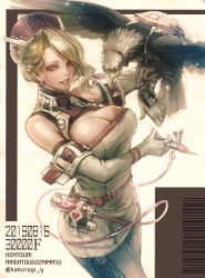 Rule 34 | 1girl, bare shoulders, bird, bird earrings, blonde hair, breasts, cleavage, commentary request, dated, eagle, earrings, elbow gloves, gloves, grin, hat, highres, jewelry, kaburagi yasutaka, large breasts, lips, long hair, looking at viewer, nurse cap, original, skirt, smile, solo, syringe, white gloves