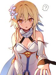 Rule 34 | 1girl, ?, bare shoulders, blonde hair, breasts, chiroron, cleavage, commentary, dress, feather hair ornament, feathers, flower, genshin impact, gloves, hair between eyes, hair flower, hair ornament, highres, looking at viewer, lumine (genshin impact), medium breasts, open mouth, partially fingerless gloves, reaching, reaching towards viewer, scarf, short hair with long locks, sidelocks, sleeveless, sleeveless dress, solo, speech bubble, white dress, white flower, white scarf, yellow eyes