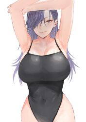 Rule 34 | 1girl, armpits, arms up, black one-piece swimsuit, breasts, cleavage, closed mouth, competition swimsuit, covered navel, earrings, goshiki suzu, grey hair, hair over one eye, highleg, highleg swimsuit, highres, huge breasts, jewelry, large breasts, long hair, looking at viewer, mole, mole under eye, multicolored hair, one-piece swimsuit, original, purple hair, simple background, solo, swimsuit, white background
