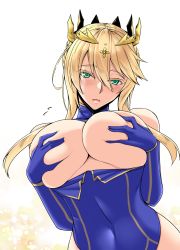 Rule 34 | 1girl, akitsuki karasu, artoria pendragon (fate), artoria pendragon (lancer) (fate), bare shoulders, blonde hair, blue leotard, blush, braid, breasts, breasts out, colored eyelashes, covered navel, covering breasts, covering privates, crown, deep skin, detached sleeves, fate/grand order, fate (series), flying sweatdrops, french braid, grabbing own breast, green eyes, heattech leotard, huge breasts, leotard, long hair, looking at viewer, open mouth, sidelocks, solo, turtleneck, white background