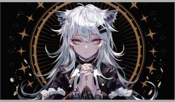 Rule 34 | 1girl, animal ears, arknights, black background, commentary, grey eyes, lappland (arknights), lappland (refined horrormare) (arknights), long hair, looking at viewer, official alternate costume, own hands together, sheya, silver hair, solo, upper body, wolf ears