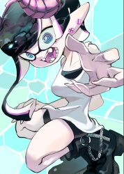 Rule 34 | 1girl, asymmetrical hair, bike shorts, black footwear, black hair, black shorts, blue eyes, boots, breasts, chain, earrings, fangs, hand on own leg, inkling, inkling girl, inkling player character, jewelry, koike3582, large breasts, long hair, looking at viewer, multiple earrings, nintendo, open mouth, outstretched arm, pointy ears, ringed eyes, shorts, solo, splatoon (series), squatting, tank top, teeth, tentacle hair, white tank top, zipper