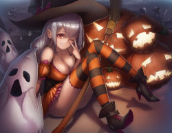 Rule 34 | 1girl, boots, breasts, broom, cleavage, convenient censoring, ghost, grin, halloween, hat, high heel boots, high heels, jack-o&#039;-lantern, lamchun (2006), large breasts, legs up, long hair, looking at viewer, one eye closed, original, red eyes, silver hair, sitting, smile, solo, striped clothes, striped thighhighs, thighhighs, witch hat