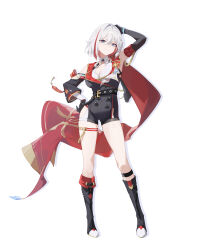 Rule 34 | 1girl, absurdres, arm up, black footwear, black gloves, blue eyes, boots, breasts, chinese commentary, cleavage, closed mouth, clothing cutout, commentary request, full body, gloves, hand on own hip, highres, honkai: star rail, honkai (series), knee boots, looking at viewer, mole, mole on thigh, multicolored hair, red hair, short hair, simple background, smile, solo, standing, streaked hair, sukaliya, thigh strap, thighs, topaz (honkai: star rail), white background, white hair