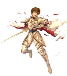 Rule 34 | 1boy, armor, boots, broken armor, brown eyes, brown hair, cape, faulds, fingerless gloves, fire emblem, fire emblem: thracia 776, fire emblem heroes, full body, gauntlets, gloves, highres, holding, holding sword, holding weapon, leif (fire emblem), male focus, nintendo, official art, open mouth, pants, short hair, shoulder armor, solo, sword, torn clothes, transparent background, weapon, white armor