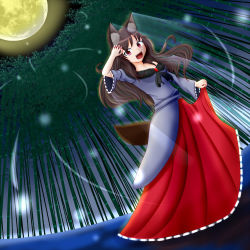 Rule 34 | 1girl, animal ears, backlighting, bamboo, bamboo forest, breasts, brooch, brown hair, collarbone, dress, dress grab, fangs, fingernails, fireflies, forest, frilled dress, frills, from below, full moon, hand on head, hand up, highres, imaizumi kagerou, jewelry, light rays, long hair, long sleeves, looking at viewer, medium breasts, moon, moonlight, nature, night, night sky, off shoulder, open mouth, perspective, red dress, red eyes, sky, solo, tail, touhou, udensha, uudensha, window (artist), wolf ears, wolf tail