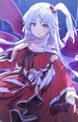 Rule 34 | 1girl, black ribbon, blue background, capelet, closed mouth, cowboy shot, detached sleeves, hair bobbles, hair ornament, hand on own chest, happy, highres, long hair, looking at viewer, nail polish, pointing, pointing at viewer, red capelet, red skirt, ribbon, shinki (touhou), shirt, side ponytail, skirt, smile, syuri22, touhou, touhou (pc-98), turtleneck, white eyes, white hair, white nails, white ribbon, white shirt, wings