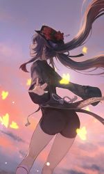 Rule 34 | 1girl, ass, back, black coat, black hat, black shorts, breasts, brown hair, bug, butterfly, closed eyes, coat, coattails, flower, genshin impact, gradient sky, hat, hat flower, highres, hu tao (genshin impact), insect, long hair, long sleeves, open mouth, orange sky, plum blossoms, purple sky, shirataki jiro, shorts, sky, small breasts, smile, solo, thighs, twilight, twintails, very long hair