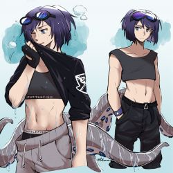 Rule 34 | 1girl, alternate costume, andreana (arknights), arknights, belt, black belt, black boxers, black pants, black shirt, black sports bra, black sweater, blue background, blue eyes, boxers, breasts, clothes pull, clothes writing, collarbone, commentary, crop top, dlanon, drawstring, english commentary, goggles, goggles on head, grey pants, hands in pockets, looking at viewer, male underwear, midriff, multiple views, navel, one eye closed, open mouth, pants, pants pull, purple hair, purple wristband, shirt, short hair, small breasts, sports bra, sweater, tentacles, twitter username, underwear, water, wet