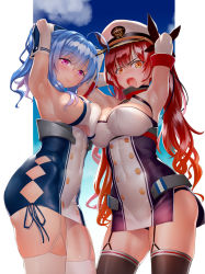 Rule 34 | &gt;:o, 2girls, ahoge, armpits, arms behind head, arms up, azur lane, black panties, black ribbon, blue sky, breast press, breasts, brown legwear, buttons, chain, cleavage, closed mouth, clothing cutout, collar, covered erect nipples, covered navel, cowboy shot, day, detached sleeves, double-breasted, dress, flipped hair, garter straps, hair ribbon, hat, honolulu (azur lane), large breasts, long hair, long sleeves, looking at viewer, microdress, multiple girls, open mouth, orange eyes, outside border, panties, peaked cap, pink eyes, ponytail, ribbon, sasayuki, scowl, shirt, sideboob, skindentation, sky, sleeveless, sleeveless shirt, smile, st. louis (azur lane), symmetrical docking, thighhighs, thighs, underboob, underboob cutout, underwear, v-shaped eyebrows, very long hair, wavy hair, white dress, white hat, white legwear