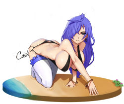 Rule 34 | 10s, 1girl, ahoge, all fours, ass, ass cutout, blue hair, blush, breasts, butt crack, cash007, cleavage, clothing cutout, collarbone, cowboy shot, earrings, female focus, full body, hair over one eye, highres, iris heart, jewelry, kami jigen game neptune v, large breasts, long hair, neptune (series), pururut, red eyes, revealing clothes, simple background, smile, solo, symbol-shaped pupils, thighhighs, white background