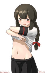Rule 34 | 1girl, black hair, black sailor collar, black skirt, braid, brown eyes, clothes lift, dated, groin, hair between eyes, isonami (kancolle), isonami kai ni (kancolle), kantai collection, lifted by self, long hair, low twintails, navel, one-hour drawing challenge, pleated skirt, ray.s, sailor collar, school uniform, serafuku, shirt lift, sidelocks, simple background, skirt, solo, twin braids, twintails, twitter username, undressing, white background