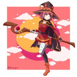 Rule 34 | 1girl, absurdres, belt, bestogril, blush, breasts, cape, closed mouth, commentary, cosplay, doki doki literature club, dress, gloves, hair ornament, hair ribbon, hairclip, hat, highres, holding, holding staff, megumin, megumin (cosplay), natsuki (doki doki literature club), pink eyes, pink hair, red dress, red ribbon, ribbon, short hair, small breasts, smile, staff, standing, teeth, third-party source, witch hat