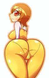 Rule 34 | 10s, 1girl, artist request, ass, blush, breasts, brown hair, cameltoe, from behind, happinesscharge precure!, huge ass, looking back, oomori yuuko, orange eyes, overalls, precure, short hair, sideboob, smile