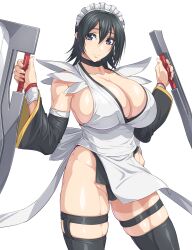 Rule 34 | 1girl, apron, black hair, black thighhighs, blade, blue eyes, breasts, butterfly swords, choker, cleavage, flipped hair, frilled leotard, frills, hair ornament, highres, huge breasts, iroha (samurai spirits), japanese clothes, lace-trimmed apron, lace trim, leotard, looking at viewer, maid, maid headdress, maid leotard, multiple swords, ozaneko, samurai spirits, short hair, smile, snk, solo, thighhighs, thighs, unconventional maid, weapon
