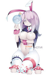 Rule 34 | 1girl, alternate breast size, animal ears, arm support, black robe, bottle, breasts, cleavage, clothes lift, commentary, covered erect nipples, curvy, english commentary, english text, fake animal ears, formal, full body, glass bottle, hair over one eye, half-closed eyes, heart pasties, holding, holding bottle, hot vr, kneeling, large breasts, little witch academia, long bangs, mushroom, one eye covered, pasties, pink hair, pixiv username, rabbit ears, red eyes, robe, sharp teeth, simple background, skin tight, smile, solo, sucy manbavaran, suit, teeth, thick thighs, thigh strap, thighs, vial, white background, white suit, wide hips, wrist cuffs