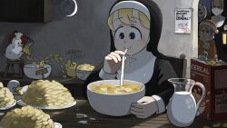 Rule 34 | 3girls, barn owl, bendy straw, bird, blonde hair, blue eyes, bowl, brown hair, cereal, cereal box, chef hat, chicken, clumsy nun (diva), commentary, corn flakes, cupboard, diva (hyxpk), doorway, drinking, drinking straw, duck, duckling, english commentary, frown, glasses, glasses nun (diva), habit, hat, highres, jug (bottle), lantern, little nuns (diva), milk, mini chef hat, mole, mole on cheek, multiple girls, night, nun, orange hat, orange pajamas, owl, pajamas, peeking, pitcher (container), plate, pointing, poster (object), pouring, round eyewear, scowl, shaded face, sleeping, star ornament, strict nun (diva), traditional nun, typo, writing on wall