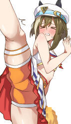 Rule 34 | 1girl, absurdres, alternate costume, animal ears, bare shoulders, blush, brown hair, cheerleader, cheval grand (umamusume), clenched teeth, closed eyes, commentary, cosplay, cropped shirt, ear covers, feet out of frame, hair between eyes, hat, highres, holding, holding pom poms, horse ears, horse girl, horse tail, medium hair, midriff, multicolored clothes, multicolored hair, multicolored skirt, nice nature (run&amp;win) (umamusume), nice nature (umamusume), nice nature (umamusume) (cosplay), orange shorts, peaked cap, pirukusu, pleated skirt, pom pom (cheerleading), pom poms, shorts, simple background, skirt, solo, split, standing, standing on one leg, standing split, streaked hair, sweatdrop, tail, teeth, thigh strap, umamusume, white background, white hair, white hat