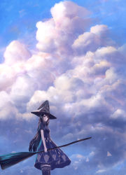 Rule 34 | 1girl, black eyes, black hair, blue sky, broom, cloud, cloudy sky, day, hat, holding, holding broom, long hair, looking at viewer, original, sakimori (hououbds), scenery, short sleeves, sky, smile, solo, thighhighs, very long hair, witch, witch hat