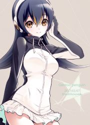 Rule 34 | 10s, 1girl, 2017, arm behind back, beige background, black hair, breasts, brown eyes, character name, commentary, cowboy shot, dated, dot nose, dotted line, drawstring, english text, eyelashes, gentoo penguin (kemono friends), hair between eyes, hand on headphones, headphones, jacket, kemono friends, large breasts, long hair, long sleeves, looking at viewer, multicolored hair, orange hair, pleated skirt, skirt, smile, solo, star (symbol), touyama maki, turtleneck, twitter username, two-tone hair, white skirt, zipper, zipper pull tab