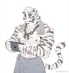 Rule 34 | 1boy, animal ears, apple inc., arknights, bara, cowboy shot, dog tags, furry, furry male, holding, holding tablet pc, lonkri, male focus, mountain (arknights), muscular, muscular male, nipples, scar, scar across eye, short hair, solo, tablet pc, thick eyebrows, tiger boy, tiger ears, topless male, unfinished