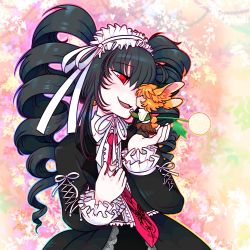 Rule 34 | 1boy, 1girl, :d, absurdres, black hair, black jacket, black skirt, brown skirt, celestia ludenberg, center frills, collared shirt, cowboy shot, danganronpa: trigger happy havoc, danganronpa (series), drill hair, frilled shirt, frills, fujisaki chihiro, hands up, hetero, highres, jacket, kiss, kissing cheek, long hair, looking at another, lower teeth only, mini person, miniboy, multicolored background, necktie, necktie print, open mouth, red eyes, red necktie, shirt, skirt, smile, teeth, tongue, twin drills, twinklelitchii, twintails