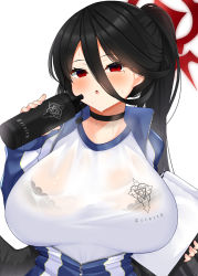 Rule 34 | 1girl, black bra, black choker, black hair, black wings, blue archive, blue jacket, blush, bottle, bra, bra visible through clothes, breasts, choker, clipboard, commentary request, daichi (tokoya), gym uniform, hair between eyes, halo, hasumi (blue archive), hasumi (track) (blue archive), high ponytail, highres, holding, holding bottle, holding clipboard, hug, huge breasts, jacket, lace, lace bra, long hair, looking at viewer, low wings, mole, mole under eye, open mouth, partially unzipped, red eyes, shirt, solo, sweat, underwear, upper body, water bottle, wet, wet clothes, wet shirt, white shirt, wings, zipper