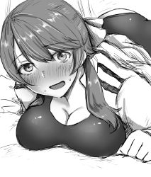 Rule 34 | 1girl, ass, blush, bow, brave witches, breasts, cleavage, greyscale, hair bow, highres, jacket, jacket over swimsuit, karibuchi takami, large breasts, liar lawyer, looking at viewer, lying, monochrome, on stomach, solo, sweatdrop, swimsuit, world witches series