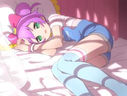 Rule 34 | 1girl, ahoge, blue thighhighs, bow, bracelet, commentary request, curtains, double bun, feet out of frame, green eyes, hair bow, hair bun, ikzw, jewelry, looking at viewer, lying, manaka laala, manaka laala (young), on bed, on side, open mouth, overall shorts, overalls, pillow, pink bow, pretty series, pripara, purple hair, shirt, short hair, sleepy, smile, solo, thighhighs, white shirt, wind, window shadow
