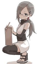 Rule 34 | 1girl, bare shoulders, black thighhighs, calligraphy brush, clipboard, closed mouth, copyright request, detached sleeves, flat chest, from side, full body, grey eyes, grey hair, hair ornament, hairclip, highres, holding, legs together, looking at viewer, looking to the side, ninja, no socks, obi, paintbrush, platform footwear, ponytail, sandals, sash, simple background, solo, squatting, thighhighs, white background, yamamoto souichirou