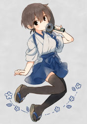 Rule 34 | 1girl, black thighhighs, blue hakama, blush stickers, brown eyes, brown hair, floral background, grey background, hair between eyes, hakama, hakama skirt, holding, holding microphone, ina (1813576), japanese clothes, kaga (kancolle), kantai collection, microphone, side ponytail, skirt, solo, thighhighs