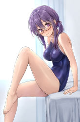 Rule 34 | 1girl, bare arms, bare legs, bare shoulders, barefoot, blue one-piece swimsuit, blush, breasts, competition school swimsuit, covered erect nipples, glasses, hair between eyes, highres, indoors, koyuki (kotatsu358), large breasts, leg up, looking at viewer, on bed, one-piece swimsuit, original, purple eyes, purple hair, school swimsuit, semi-rimless eyewear, shy, side ponytail, sitting, smile, solo, swimsuit, toenails