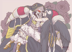 Rule 34 | 1boy, 1girl, ainz ooal gown, albedo (overlord), black hair, black wings, carrying, copyright name, dated, demon girl, dress, eye contact, feathered wings, flaming eyes, flower, gloves, high heels, highres, hood, hood up, horns, jewelry, joshua2368, lich, long dress, long hair, looking at another, open mouth, overlord (maruyama), princess carry, red eyes, red flower, red rose, ring, rose, signature, skeleton, very long hair, white dress, white gloves, wings