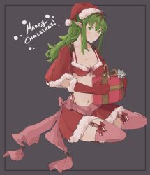Rule 34 | 1girl, box, breasts, cleavage, closed mouth, fire emblem, fire emblem awakening, fur trim, gift, gift box, green hair, grey background, hat, highres, holding, long hair, merry christmas, mittens, navel, nintendo, pointy ears, pom pom (clothes), ponytail, red hat, red mittens, sakuremi, santa costume, santa hat, simple background, sitting, smile, solo, tiara, tiki (adult) (fire emblem), tiki (fire emblem)