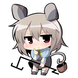 Rule 34 | 1girl, animal ears, blush, deformed, finger to cheek, grey hair, jitome, mouse ears, mouse tail, nazrin, pendulum, red eyes, rod, solo, tail, touhou, twumi, white background